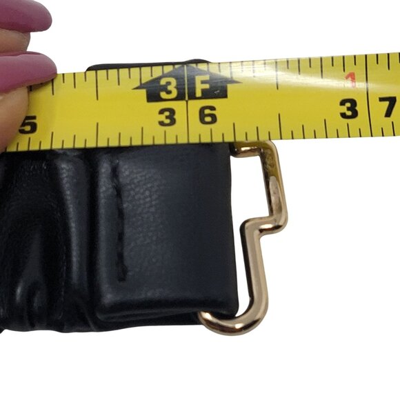 Womens Ruched Gathered Vegan Faux Leather Stretch Belt Sz XL Black Gold Buckle - Picture 3 of 8